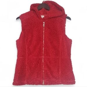 J. Jill Women’s Hooded Sherpa Teddy Fleece Zip Red Vest Size Small Cozy Layering